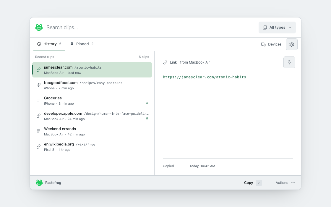 Pastefrog desktop clipboard with saved clips and a selected link.