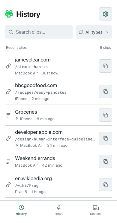 Pastefrog phone clipboard with saved clips and a selected link.